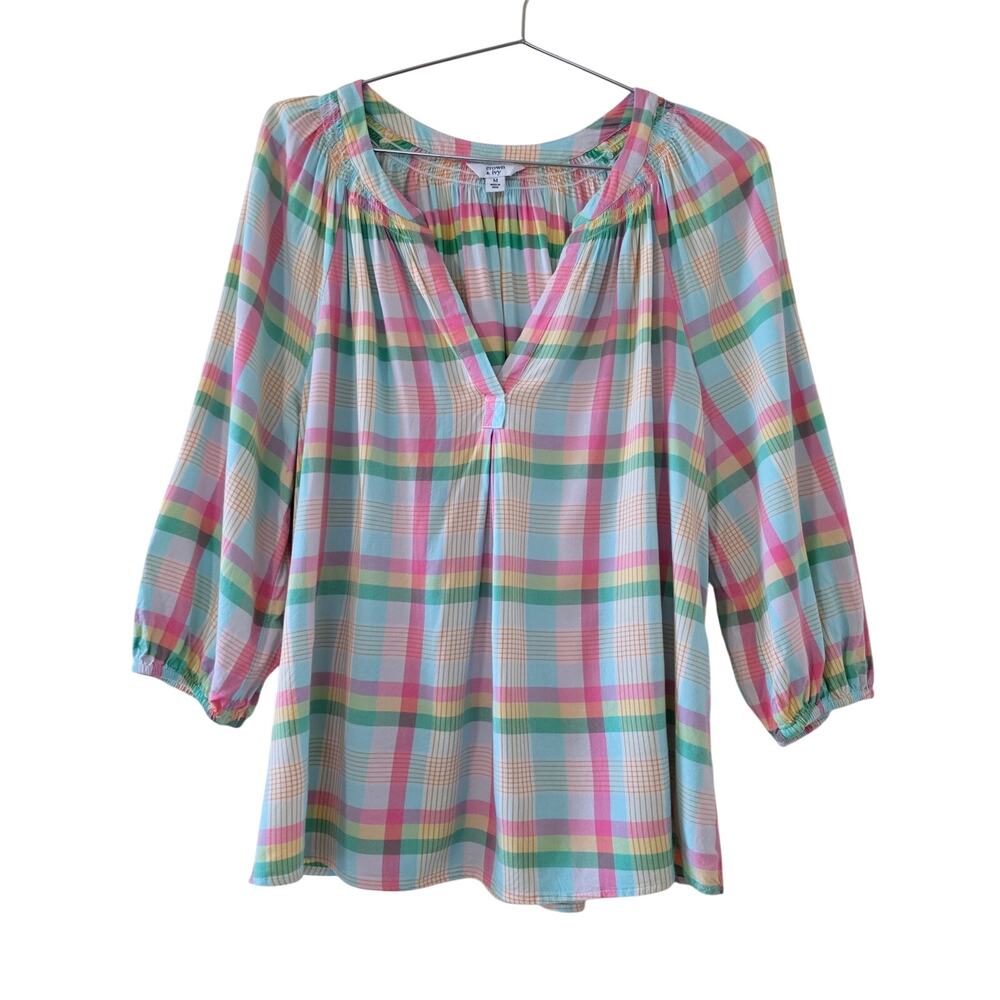 Crown & Ivy Plaid Peasant Blouse Women Size Medium Pastel Multicolor 3/4 Sleeve